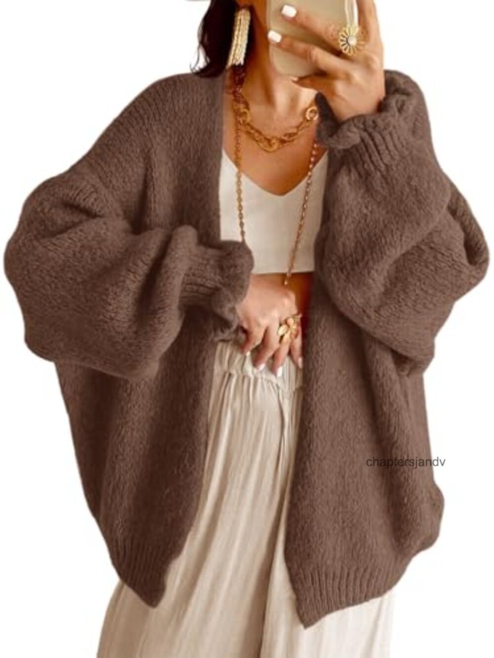 Oversized Chunky Knit Cardigan Ruffle Lantern Sleeve Open Front Sweater